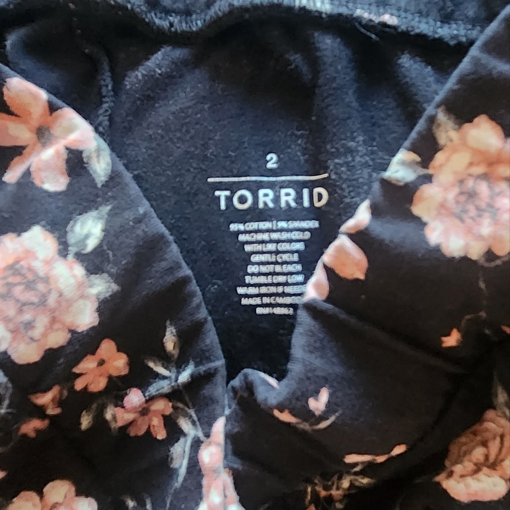 Torrid Black Leggings with Pink Floral Design - Picture 2 of 2